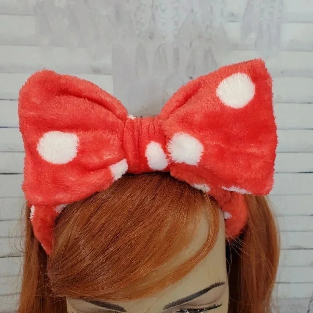 Red and White Polka Dot Super Plush Elastic Bow Spa Headband.